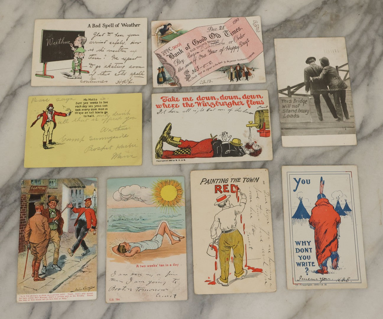 Lot 112 - Grouping Of Nine Antique Comic And Cartoon Postcards Including Painting The Town Red, Drinking, Drunk Hobo Clowns, And More, Early 20th Century