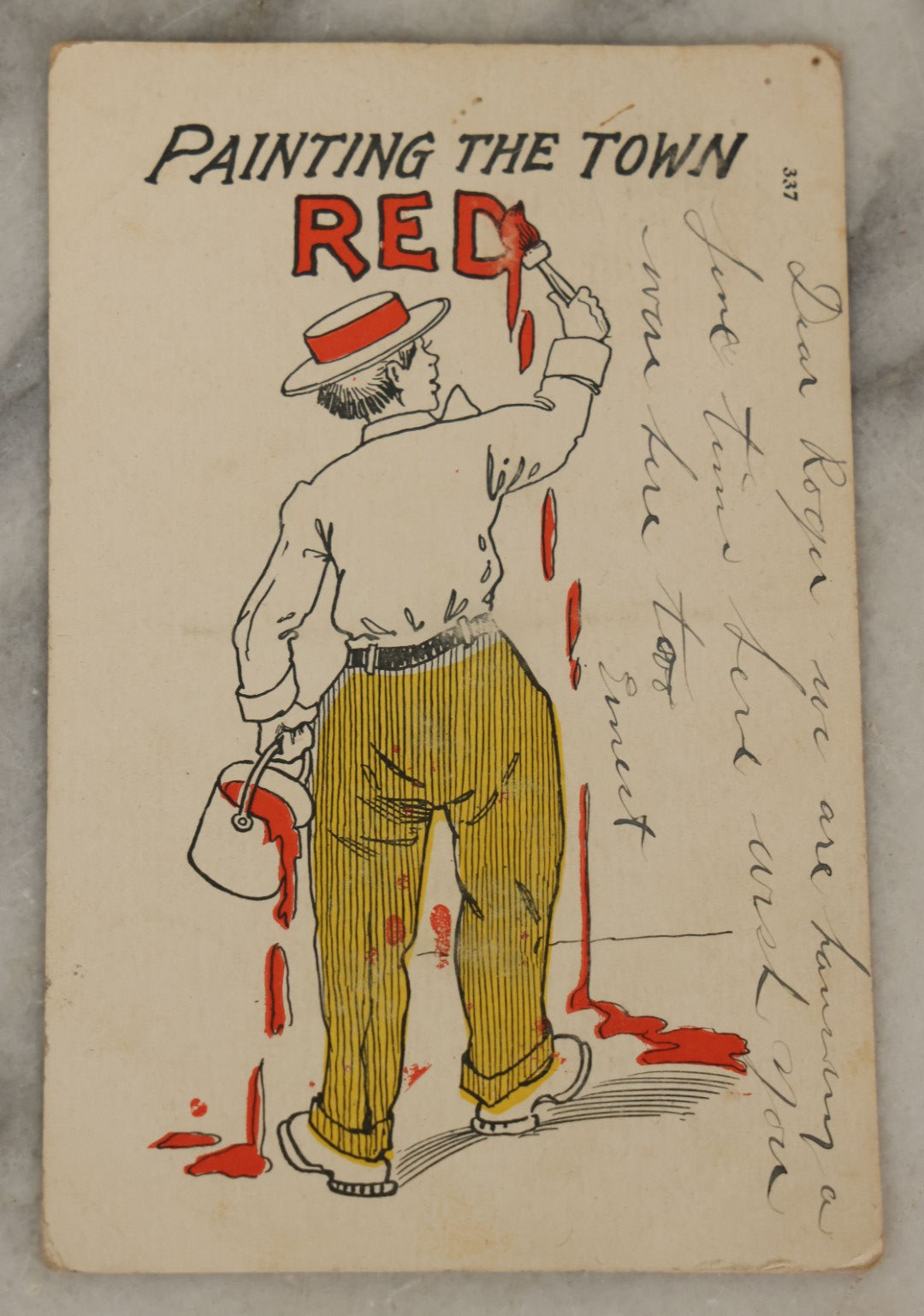 Lot 112 - Grouping Of Nine Antique Comic And Cartoon Postcards Including Painting The Town Red, Drinking, Drunk Hobo Clowns, And More, Early 20th Century