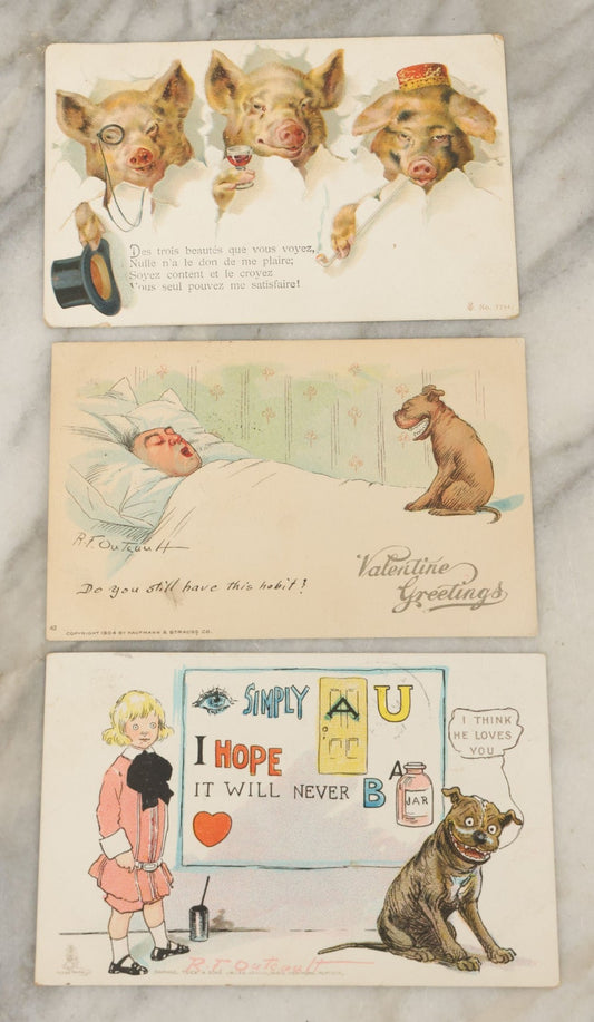 Lot 114 - Grouping Of Three Antique Postcards Including Two With Buster Brown Dog Cartoon, And Three Little Pigs, Early 20th Century