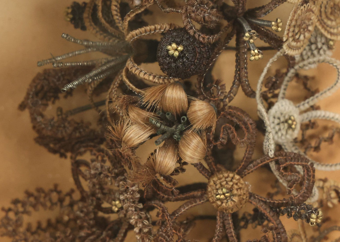 Lot 001 - Antique Victorian Human Hair Work Wreath In Octagon Shadow Box With Paper Label From J.D. Powers' Photograph Rooms, Springfield, Vermont, 20" x 20" x 6"