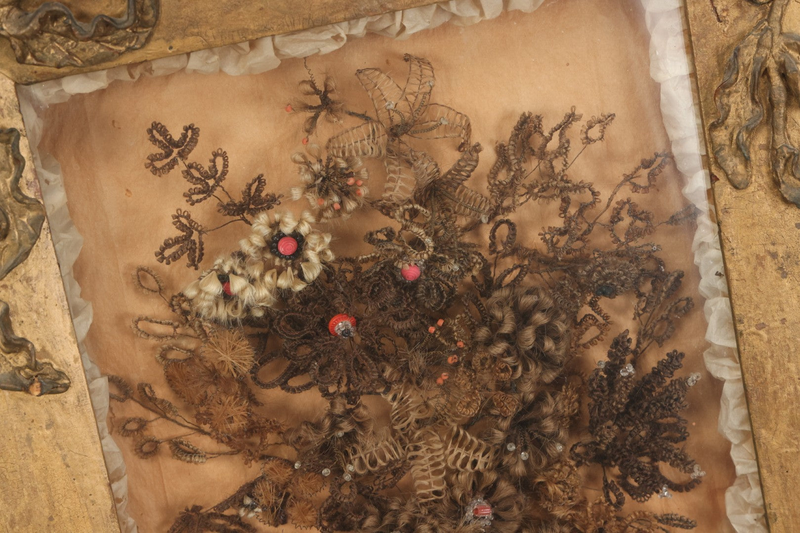 Lot 002 - Antique Victorian Human Hair Work Shadowbox In Ornate Gesso Frame With Bow Designs, Ruffled Surround, Many Beaded Embellishments, 14-5/8" x 20-1/2" x 2-1/2"