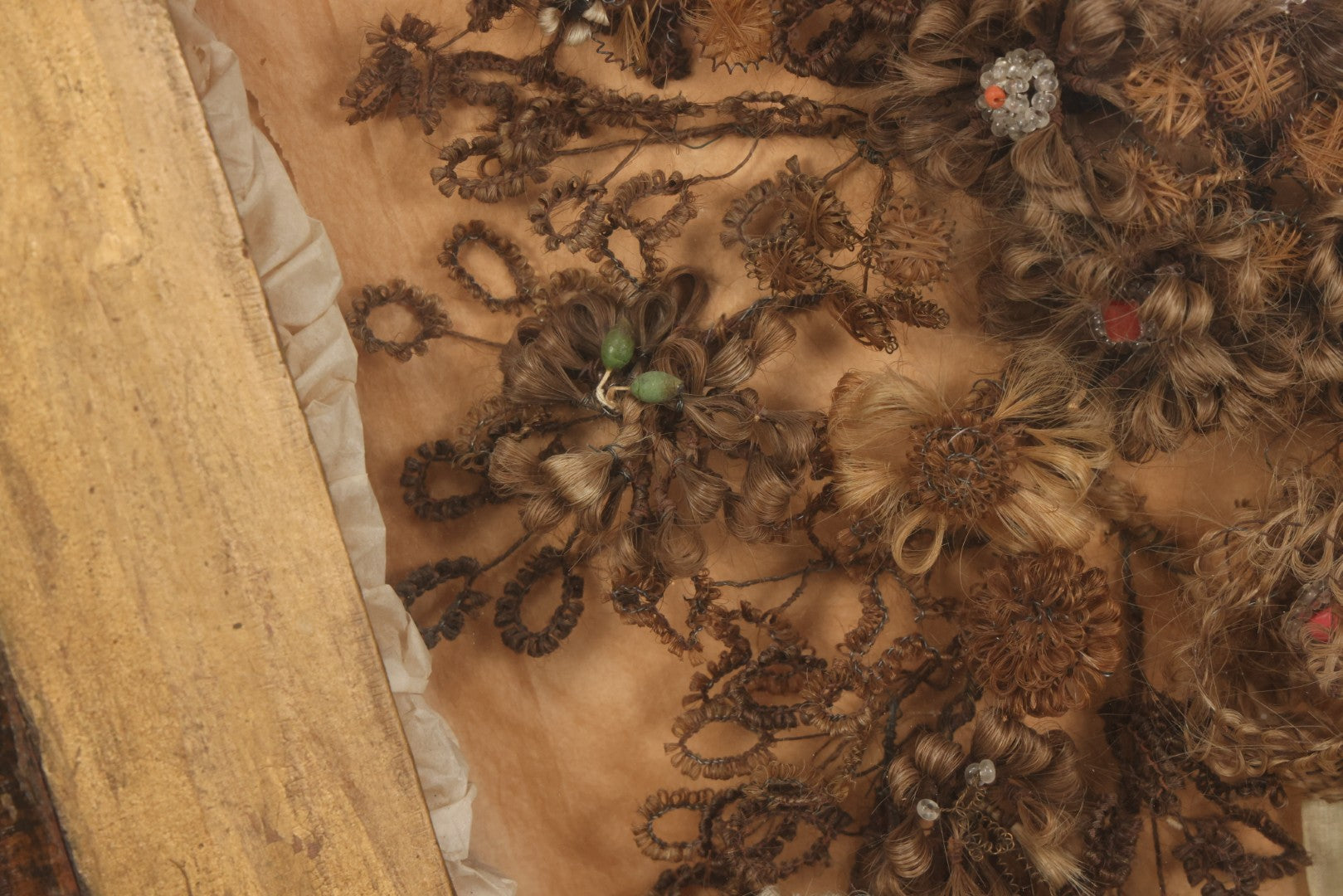 Lot 002 - Antique Victorian Human Hair Work Shadowbox In Ornate Gesso Frame With Bow Designs, Ruffled Surround, Many Beaded Embellishments, 14-5/8" x 20-1/2" x 2-1/2"