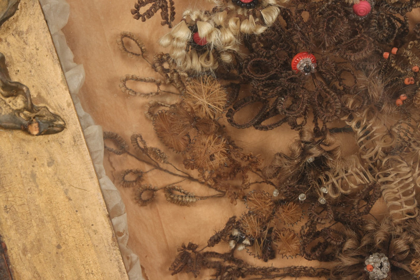 Lot 002 - Antique Victorian Human Hair Work Shadowbox In Ornate Gesso Frame With Bow Designs, Ruffled Surround, Many Beaded Embellishments, 14-5/8" x 20-1/2" x 2-1/2"