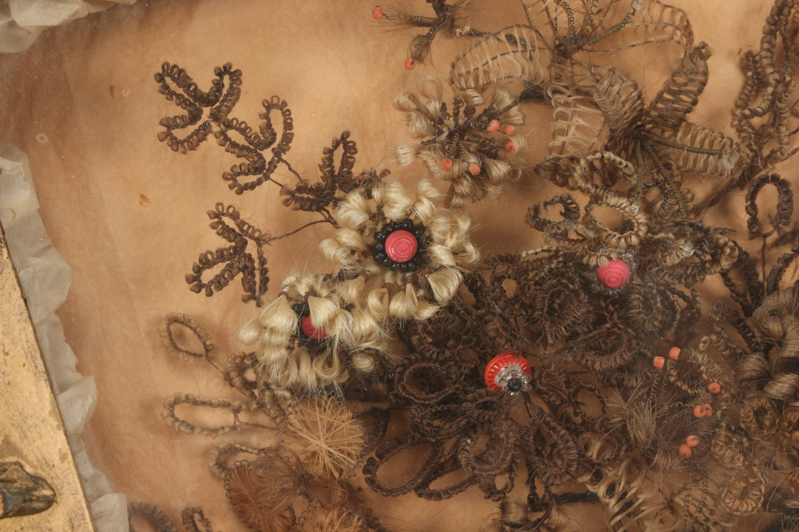 Lot 002 - Antique Victorian Human Hair Work Shadowbox In Ornate Gesso Frame With Bow Designs, Ruffled Surround, Many Beaded Embellishments, 14-5/8" x 20-1/2" x 2-1/2"