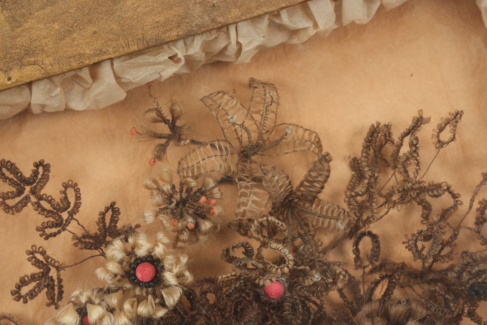 Lot 002 - Antique Victorian Human Hair Work Shadowbox In Ornate Gesso Frame With Bow Designs, Ruffled Surround, Many Beaded Embellishments, 14-5/8" x 20-1/2" x 2-1/2"