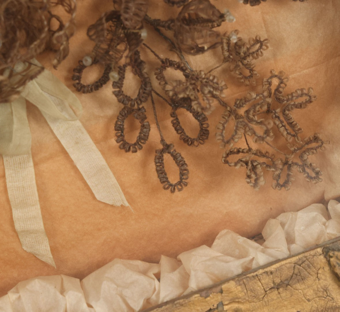 Lot 002 - Antique Victorian Human Hair Work Shadowbox In Ornate Gesso Frame With Bow Designs, Ruffled Surround, Many Beaded Embellishments, 14-5/8" x 20-1/2" x 2-1/2"