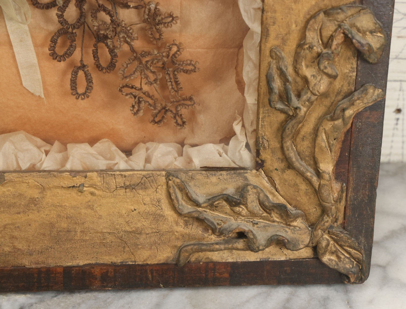 Lot 002 - Antique Victorian Human Hair Work Shadowbox In Ornate Gesso Frame With Bow Designs, Ruffled Surround, Many Beaded Embellishments, 14-5/8" x 20-1/2" x 2-1/2"