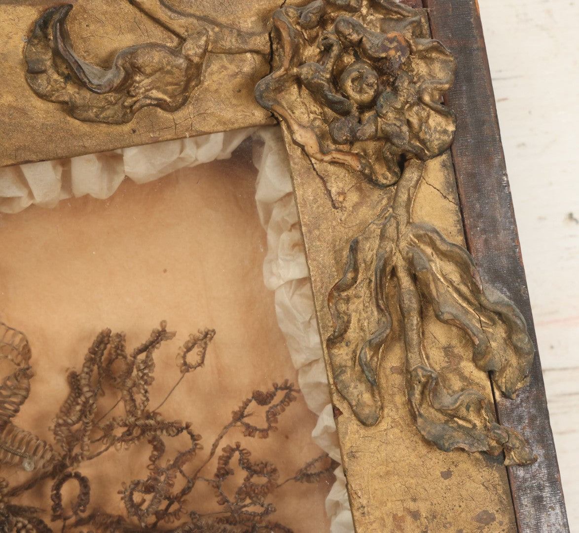 Lot 002 - Antique Victorian Human Hair Work Shadowbox In Ornate Gesso Frame With Bow Designs, Ruffled Surround, Many Beaded Embellishments, 14-5/8" x 20-1/2" x 2-1/2"