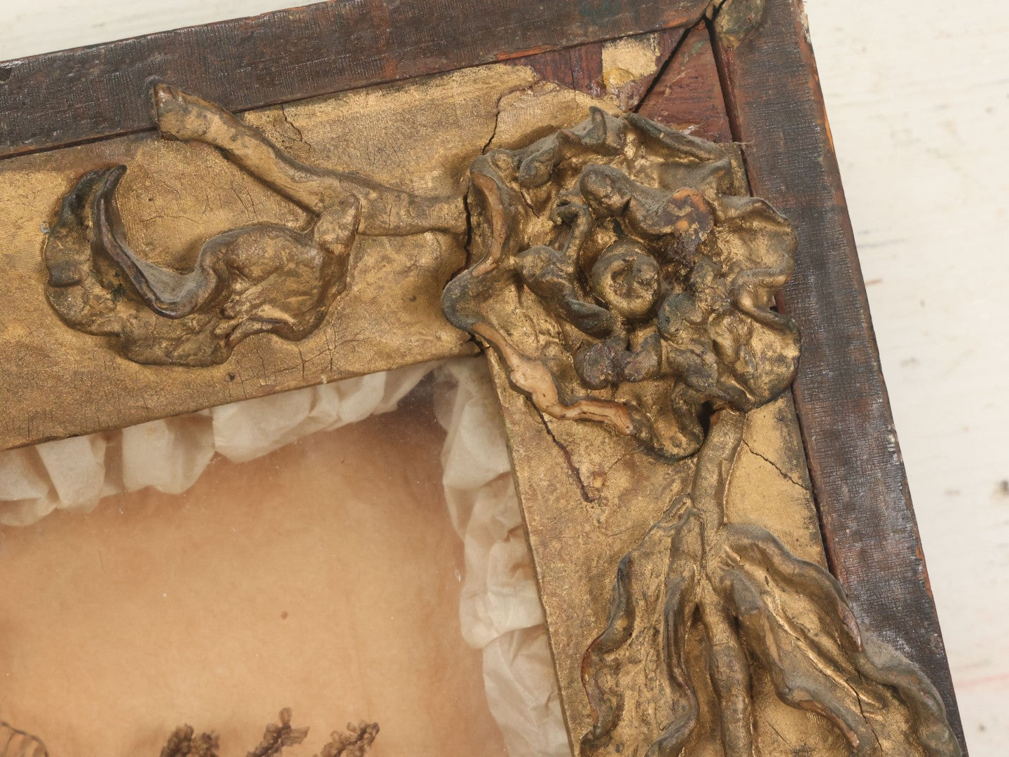 Lot 002 - Antique Victorian Human Hair Work Shadowbox In Ornate Gesso Frame With Bow Designs, Ruffled Surround, Many Beaded Embellishments, 14-5/8" x 20-1/2" x 2-1/2"