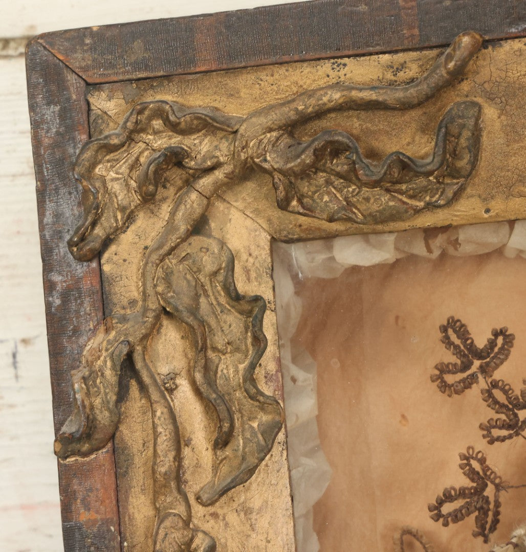 Lot 002 - Antique Victorian Human Hair Work Shadowbox In Ornate Gesso Frame With Bow Designs, Ruffled Surround, Many Beaded Embellishments, 14-5/8" x 20-1/2" x 2-1/2"