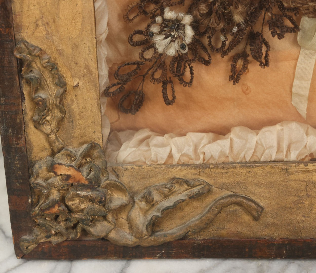 Lot 002 - Antique Victorian Human Hair Work Shadowbox In Ornate Gesso Frame With Bow Designs, Ruffled Surround, Many Beaded Embellishments, 14-5/8" x 20-1/2" x 2-1/2"