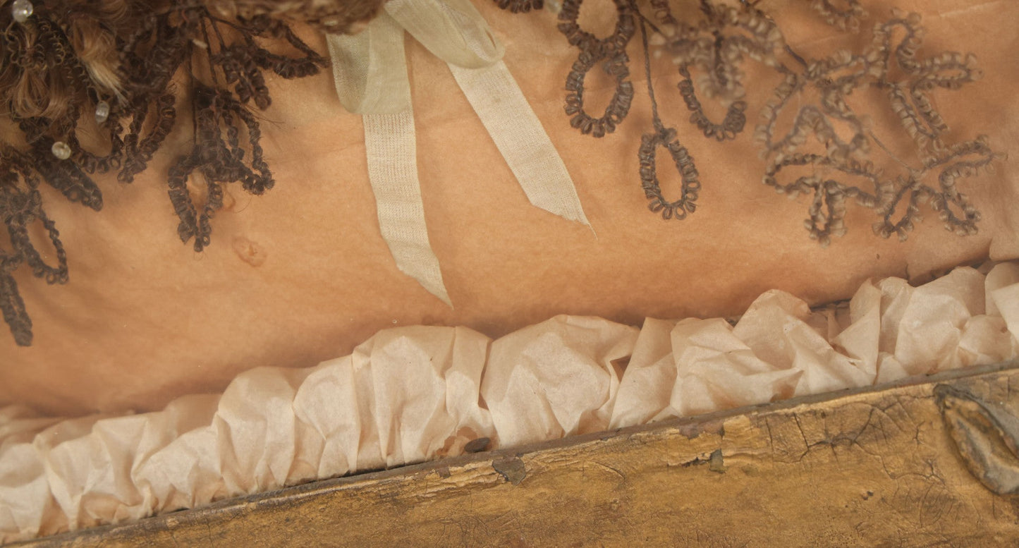 Lot 002 - Antique Victorian Human Hair Work Shadowbox In Ornate Gesso Frame With Bow Designs, Ruffled Surround, Many Beaded Embellishments, 14-5/8" x 20-1/2" x 2-1/2"