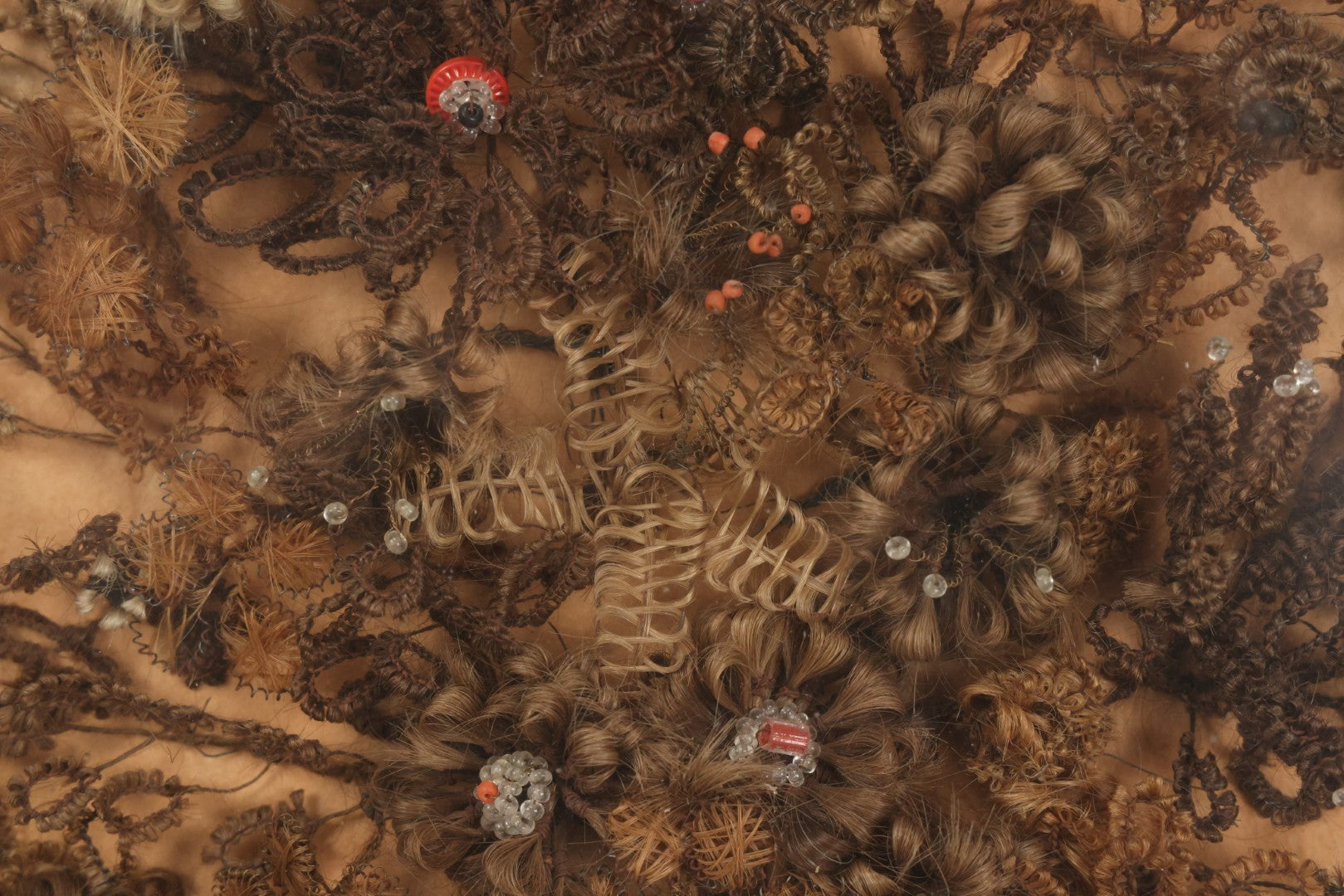 Lot 002 - Antique Victorian Human Hair Work Shadowbox In Ornate Gesso Frame With Bow Designs, Ruffled Surround, Many Beaded Embellishments, 14-5/8" x 20-1/2" x 2-1/2"