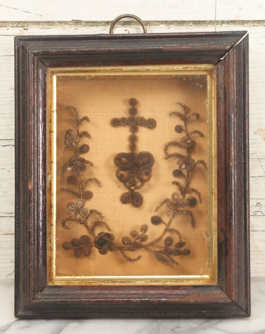 Lot 003 - Antique Victorian Human Hair Work Shadowbox With Cross Motif, Paper Numbers, Hair Work Surround, 7-1/4" x 8-3/4" x 2-1/2"