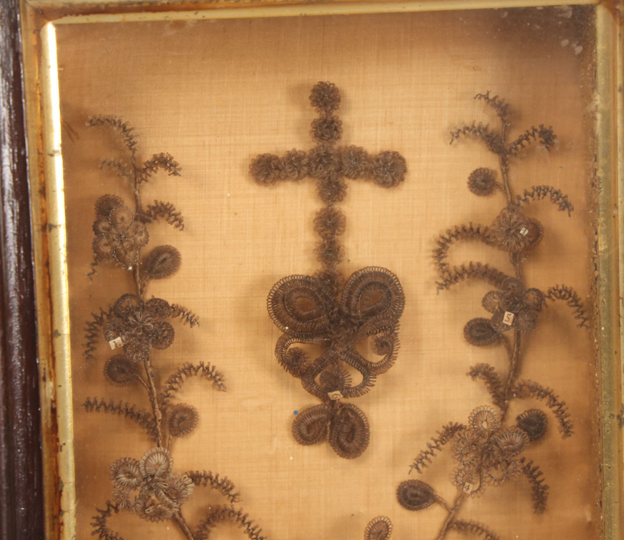 Lot 003 - Antique Victorian Human Hair Work Shadowbox With Cross Motif, Paper Numbers, Hair Work Surround, 7-1/4" x 8-3/4" x 2-1/2"