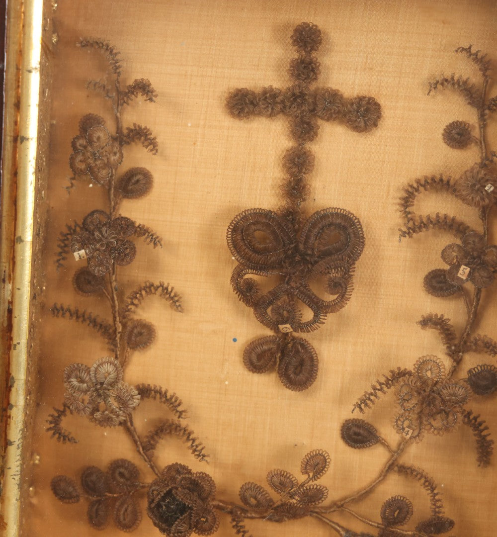 Lot 003 - Antique Victorian Human Hair Work Shadowbox With Cross Motif, Paper Numbers, Hair Work Surround, 7-1/4" x 8-3/4" x 2-1/2"