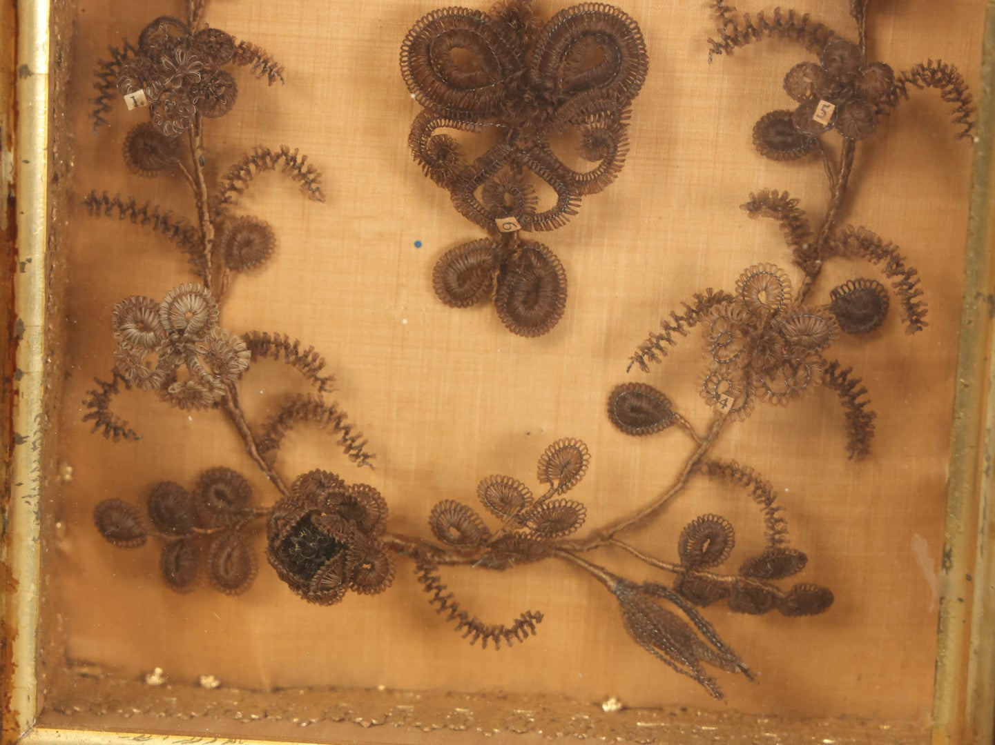 Lot 003 - Antique Victorian Human Hair Work Shadowbox With Cross Motif, Paper Numbers, Hair Work Surround, 7-1/4" x 8-3/4" x 2-1/2"