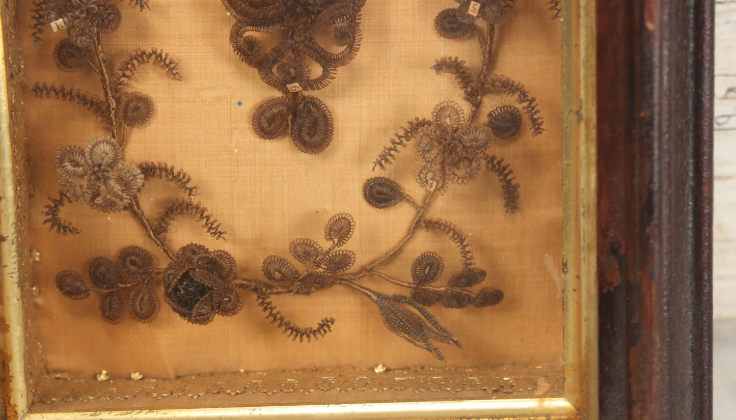 Lot 003 - Antique Victorian Human Hair Work Shadowbox With Cross Motif, Paper Numbers, Hair Work Surround, 7-1/4" x 8-3/4" x 2-1/2"