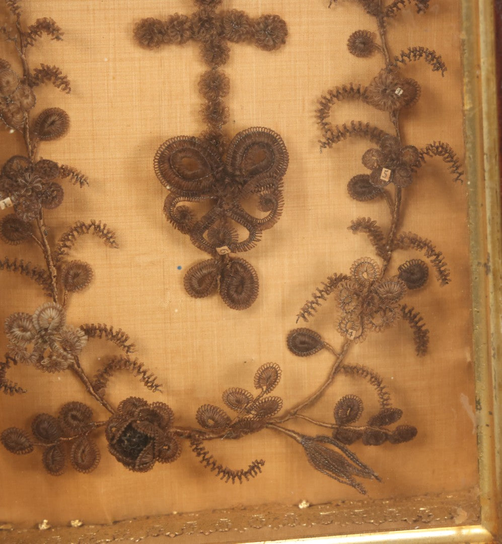 Lot 003 - Antique Victorian Human Hair Work Shadowbox With Cross Motif, Paper Numbers, Hair Work Surround, 7-1/4" x 8-3/4" x 2-1/2"