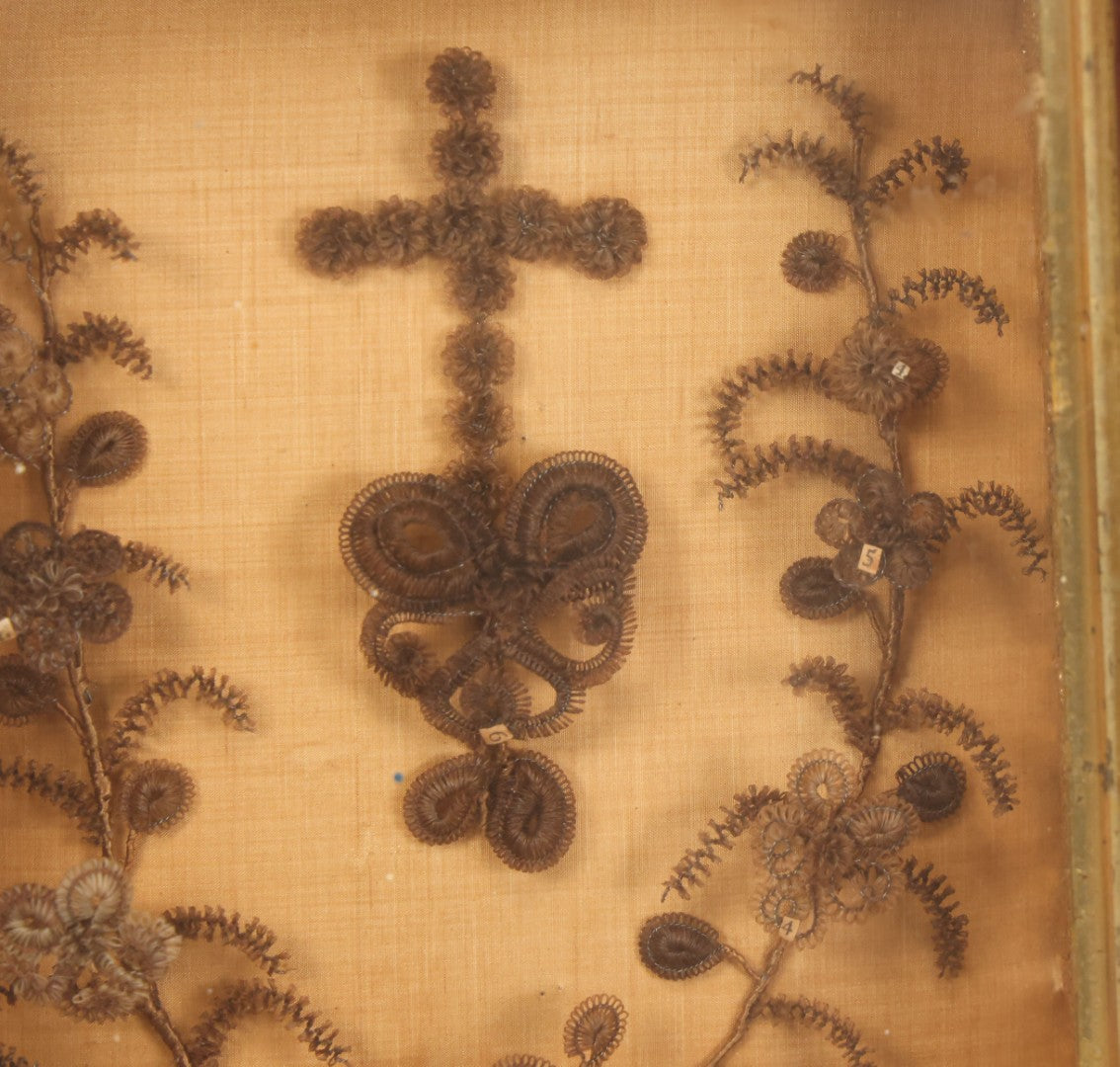Lot 003 - Antique Victorian Human Hair Work Shadowbox With Cross Motif, Paper Numbers, Hair Work Surround, 7-1/4" x 8-3/4" x 2-1/2"