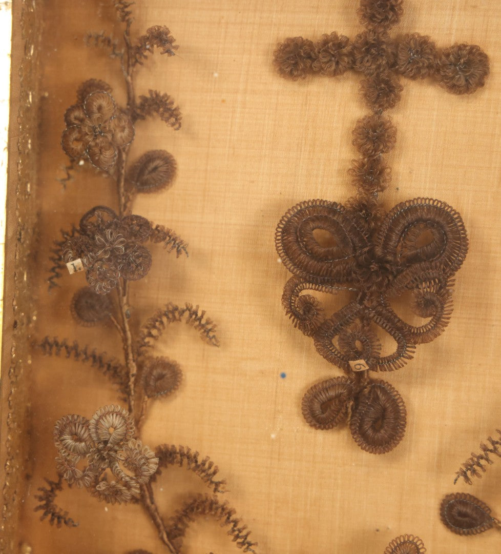 Lot 003 - Antique Victorian Human Hair Work Shadowbox With Cross Motif, Paper Numbers, Hair Work Surround, 7-1/4" x 8-3/4" x 2-1/2"