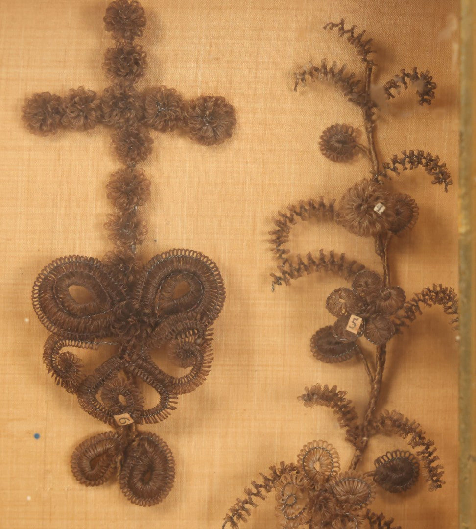 Lot 003 - Antique Victorian Human Hair Work Shadowbox With Cross Motif, Paper Numbers, Hair Work Surround, 7-1/4" x 8-3/4" x 2-1/2"