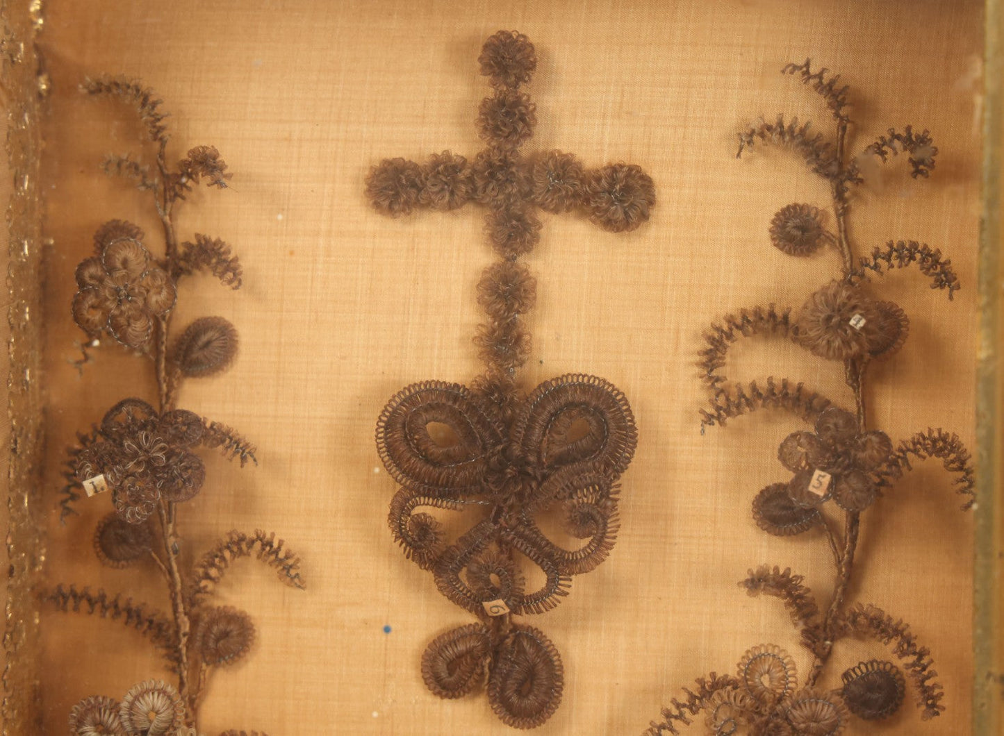 Lot 003 - Antique Victorian Human Hair Work Shadowbox With Cross Motif, Paper Numbers, Hair Work Surround, 7-1/4" x 8-3/4" x 2-1/2"