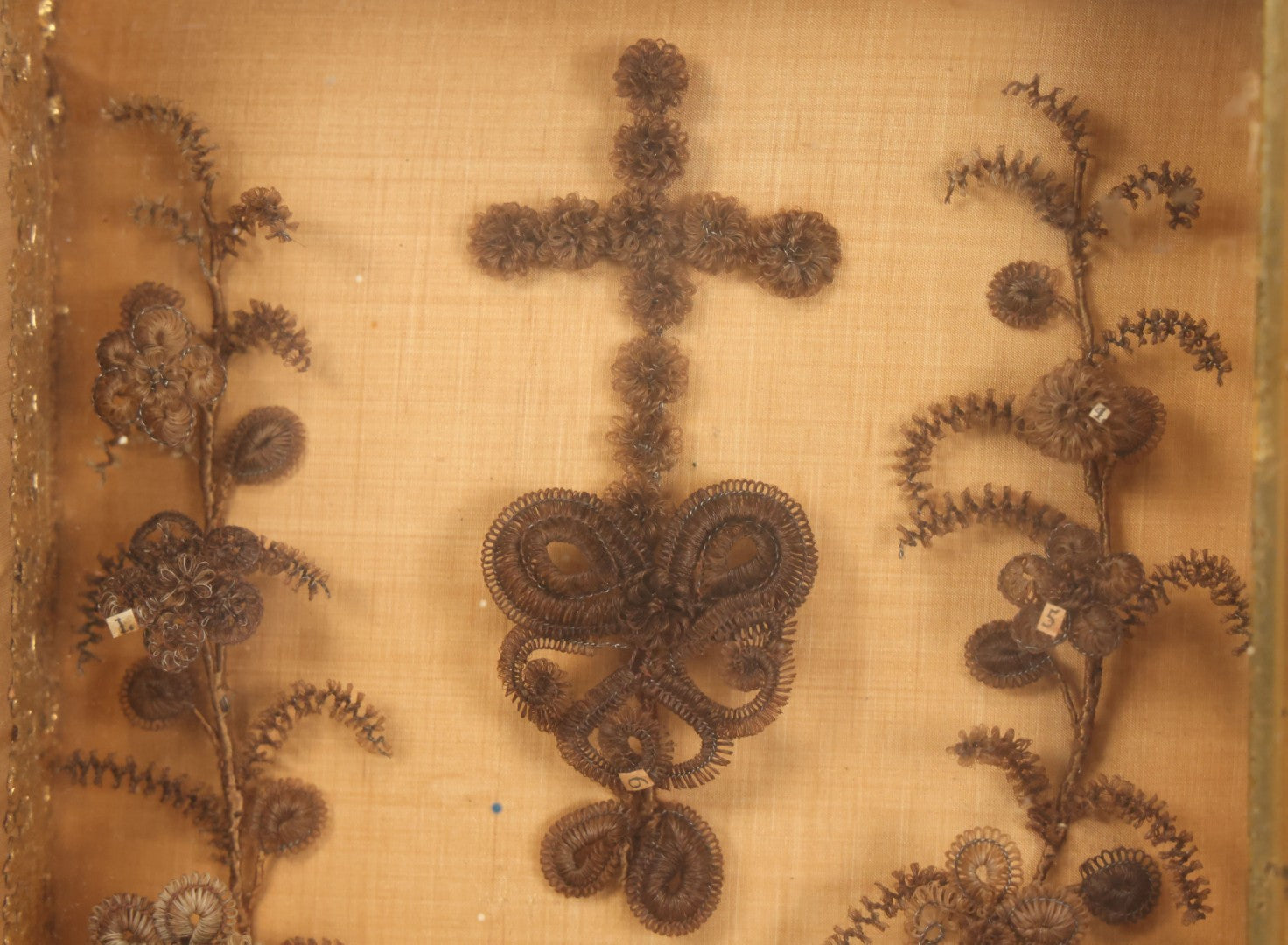 Lot 003 - Antique Victorian Human Hair Work Shadowbox With Cross Motif, Paper Numbers, Hair Work Surround, 7-1/4" x 8-3/4" x 2-1/2"