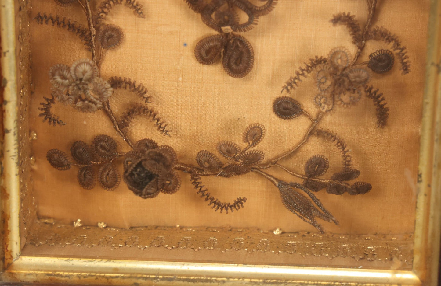 Lot 003 - Antique Victorian Human Hair Work Shadowbox With Cross Motif, Paper Numbers, Hair Work Surround, 7-1/4" x 8-3/4" x 2-1/2"