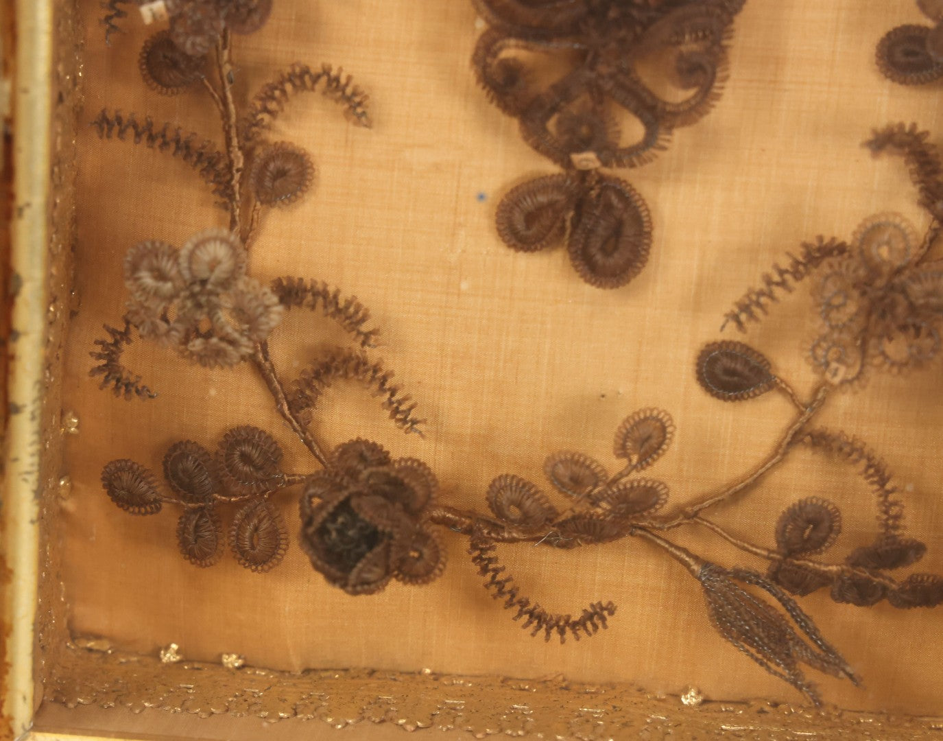 Lot 003 - Antique Victorian Human Hair Work Shadowbox With Cross Motif, Paper Numbers, Hair Work Surround, 7-1/4" x 8-3/4" x 2-1/2"