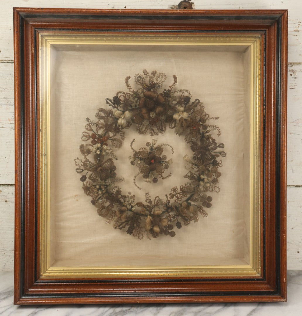 Lot 004 - Antique Victorian Human Hair Work Circular Wreath In Rectangular Shadow Box With Hair Flowers At Center, Fabric Backing, 23-1/8" x 25" x 4-1/2"