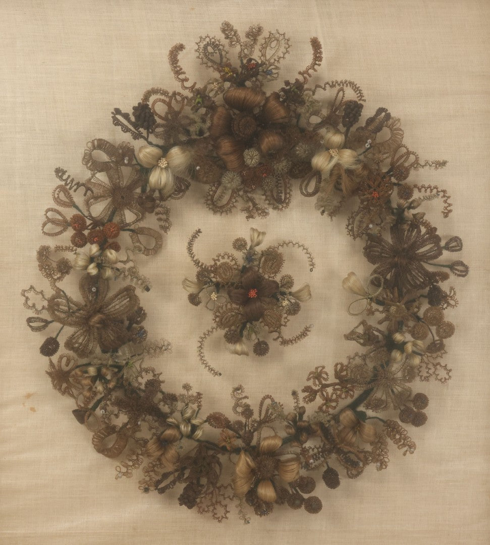 Lot 004 - Antique Victorian Human Hair Work Circular Wreath In Rectangular Shadow Box With Hair Flowers At Center, Fabric Backing, 23-1/8" x 25" x 4-1/2"