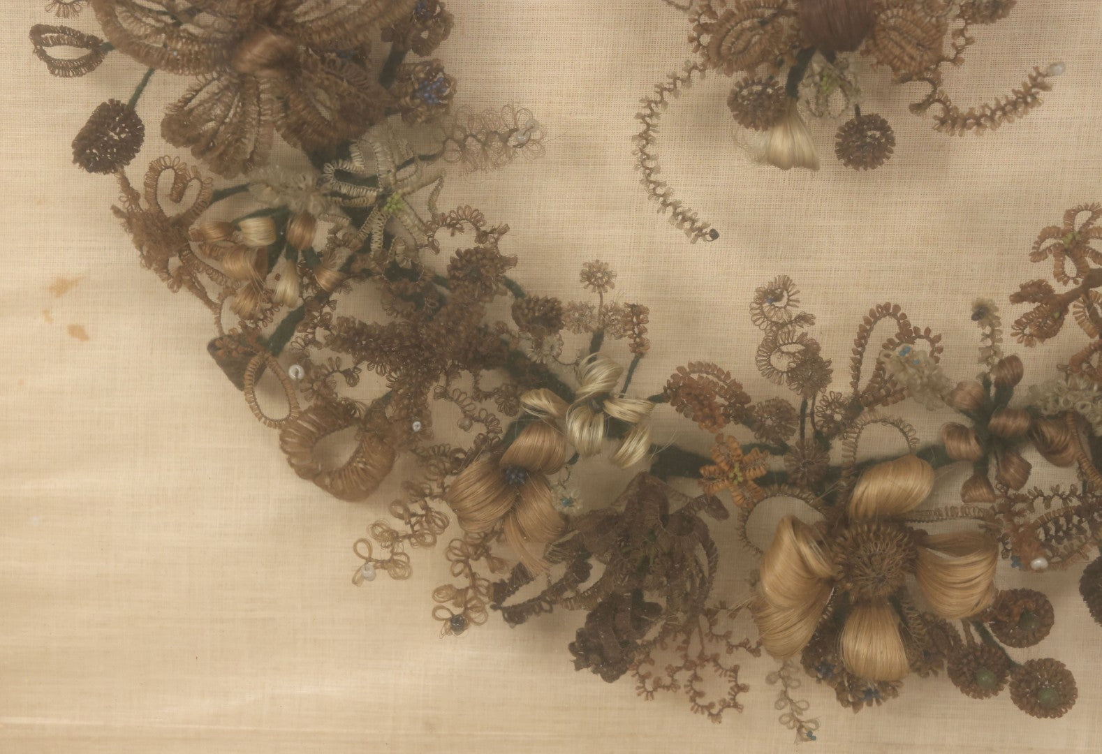 Lot 004 - Antique Victorian Human Hair Work Circular Wreath In Rectangular Shadow Box With Hair Flowers At Center, Fabric Backing, 23-1/8" x 25" x 4-1/2"