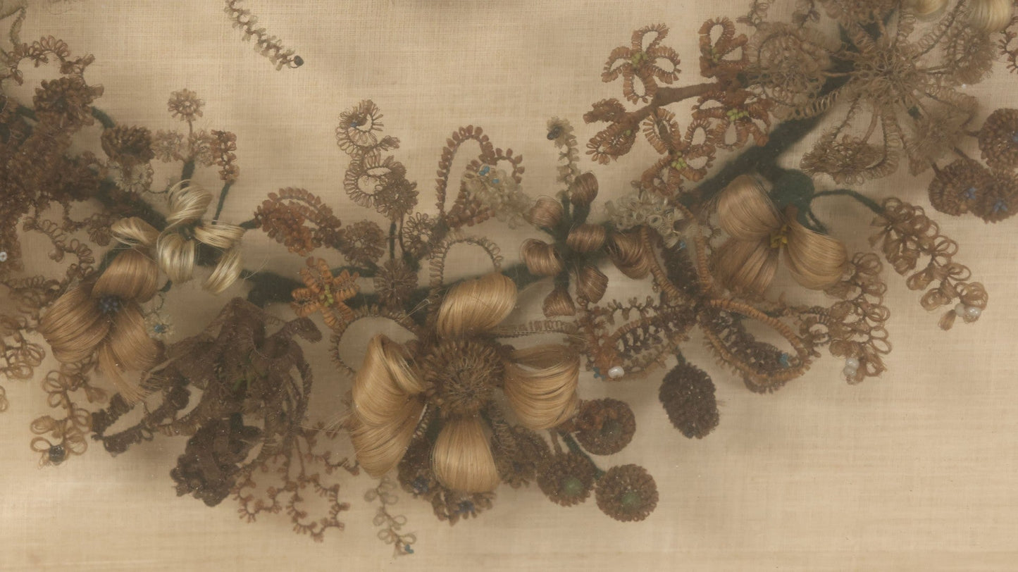 Lot 004 - Antique Victorian Human Hair Work Circular Wreath In Rectangular Shadow Box With Hair Flowers At Center, Fabric Backing, 23-1/8" x 25" x 4-1/2"