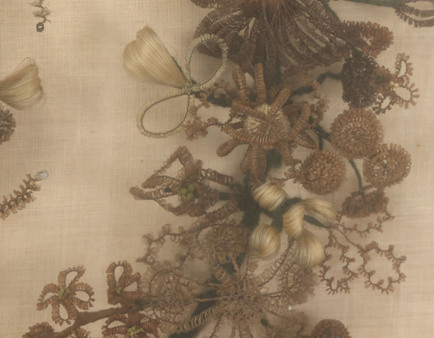 Lot 004 - Antique Victorian Human Hair Work Circular Wreath In Rectangular Shadow Box With Hair Flowers At Center, Fabric Backing, 23-1/8" x 25" x 4-1/2"