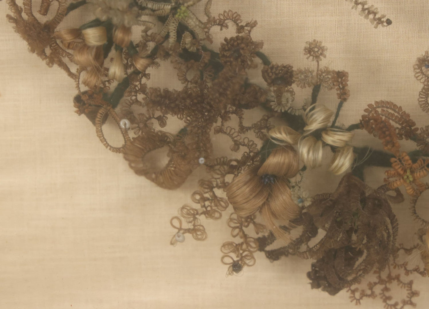 Lot 004 - Antique Victorian Human Hair Work Circular Wreath In Rectangular Shadow Box With Hair Flowers At Center, Fabric Backing, 23-1/8" x 25" x 4-1/2"