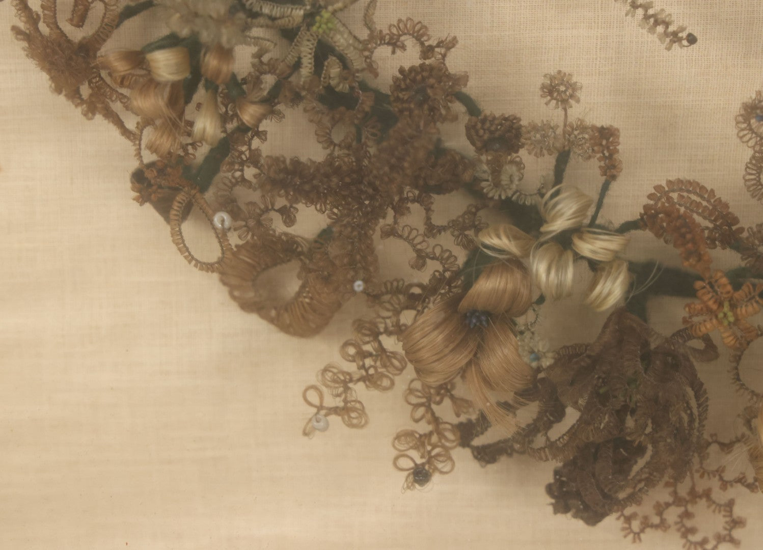 Lot 004 - Antique Victorian Human Hair Work Circular Wreath In Rectangular Shadow Box With Hair Flowers At Center, Fabric Backing, 23-1/8" x 25" x 4-1/2"