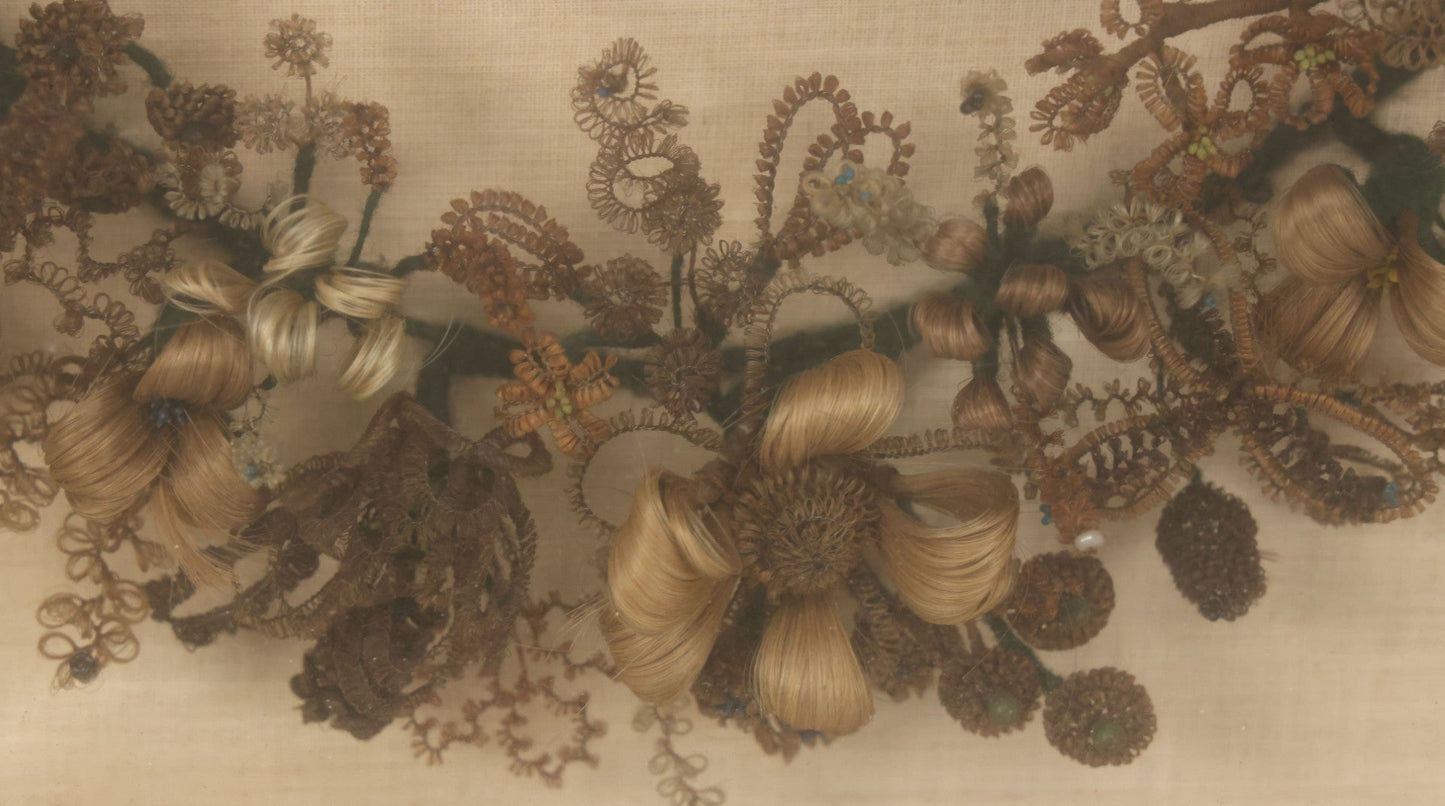 Lot 004 - Antique Victorian Human Hair Work Circular Wreath In Rectangular Shadow Box With Hair Flowers At Center, Fabric Backing, 23-1/8" x 25" x 4-1/2"