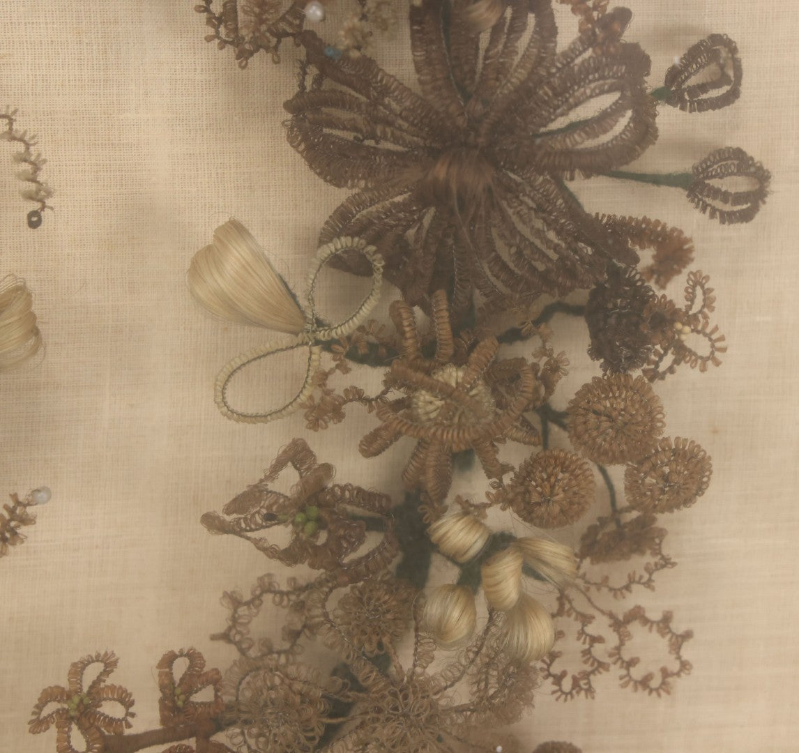 Lot 004 - Antique Victorian Human Hair Work Circular Wreath In Rectangular Shadow Box With Hair Flowers At Center, Fabric Backing, 23-1/8" x 25" x 4-1/2"