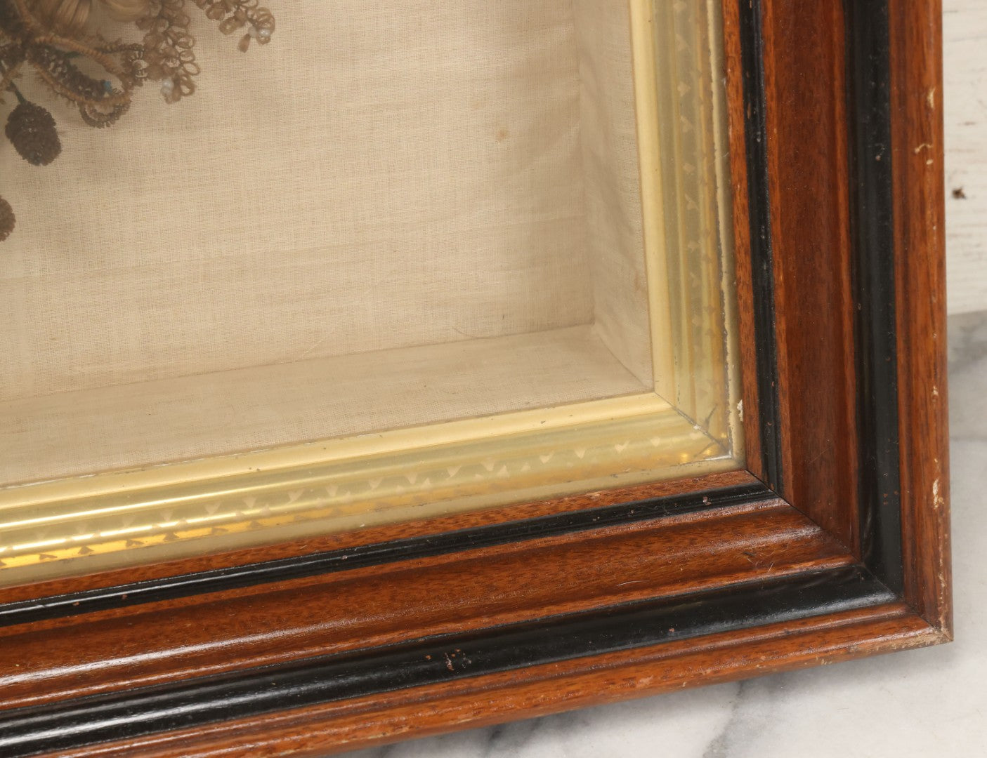 Lot 004 - Antique Victorian Human Hair Work Circular Wreath In Rectangular Shadow Box With Hair Flowers At Center, Fabric Backing, 23-1/8" x 25" x 4-1/2"