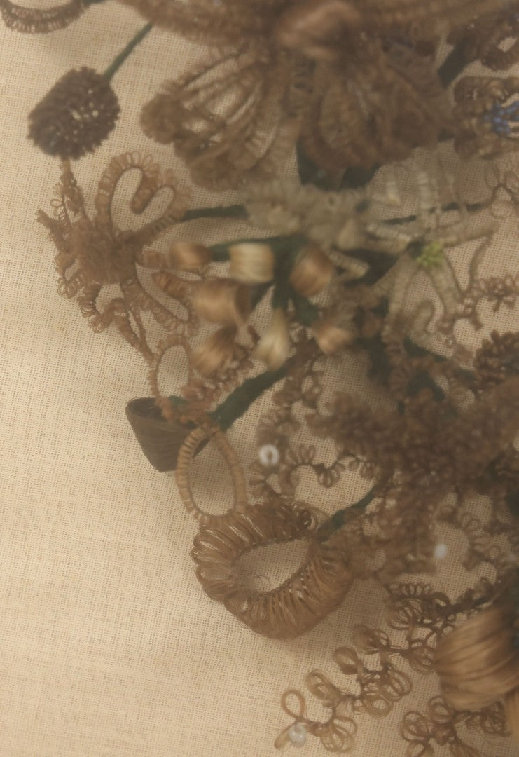 Lot 004 - Antique Victorian Human Hair Work Circular Wreath In Rectangular Shadow Box With Hair Flowers At Center, Fabric Backing, 23-1/8" x 25" x 4-1/2"