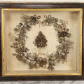 Lot 005 - Antique Victorian Human Hair Work Wreath In Rectangular Shadow Box With White Bow, Center Hair Flower Bouquet, 23-3/4" x 20-3/8" x 3-1/2"