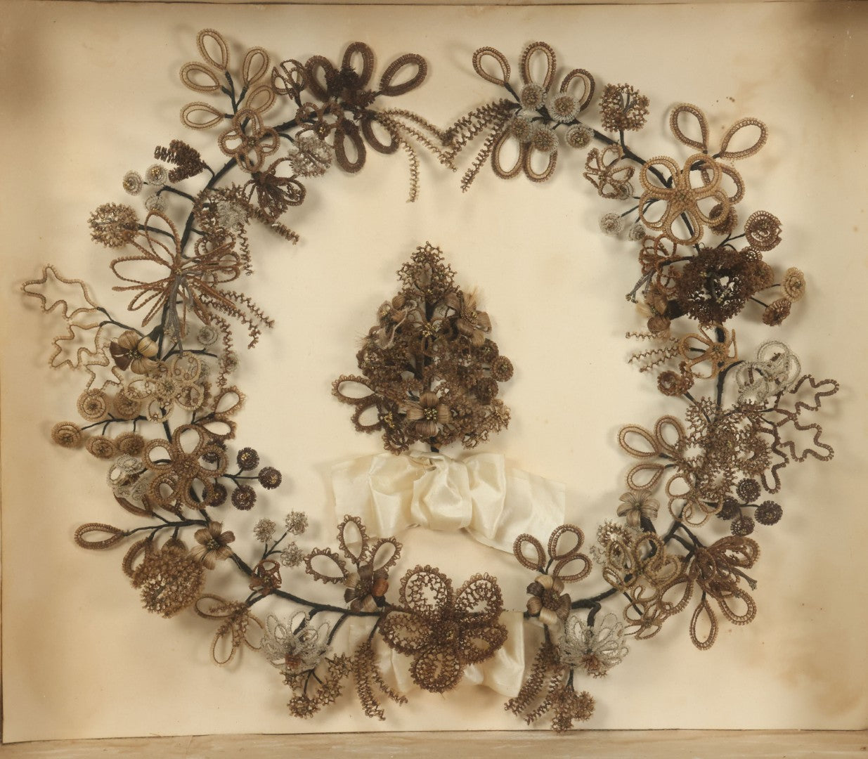 Lot 005 - Antique Victorian Human Hair Work Wreath In Rectangular Shadow Box With White Bow, Center Hair Flower Bouquet, 23-3/4" x 20-3/8" x 3-1/2"