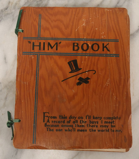 Lot 102 - Vintage Novelty "'Him' Book," Record Keeping Book For Young Girls To Keep Track Of The Boys They Meet, With Wooden Covers