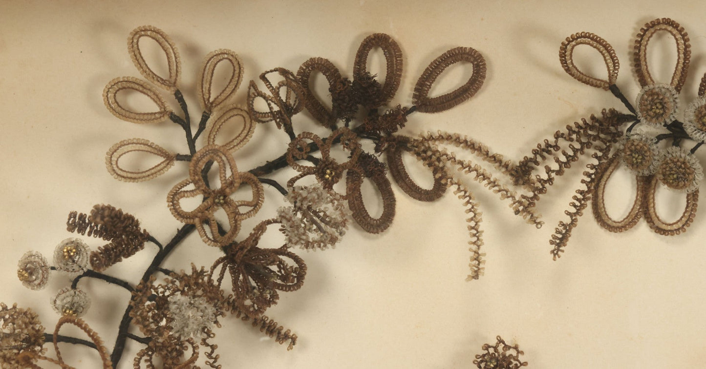 Lot 005 - Antique Victorian Human Hair Work Wreath In Rectangular Shadow Box With White Bow, Center Hair Flower Bouquet, 23-3/4" x 20-3/8" x 3-1/2"