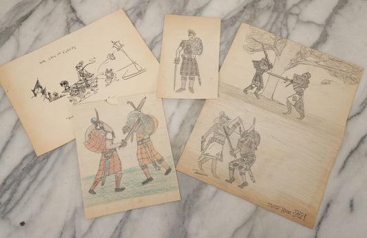 Lot 105 - Grouping Of Four Hand Drawn Illustrations On Paper Including Pen And Ink Of "Mr. Cain In Europe" And Pencil Drawings Of Knights And Sword Fights, Battle, Unsigned