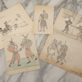 Lot 105 - Grouping Of Four Hand Drawn Illustrations On Paper Including Pen And Ink Of "Mr. Cain In Europe" And Pencil Drawings Of Knights And Sword Fights, Battle, Unsigned