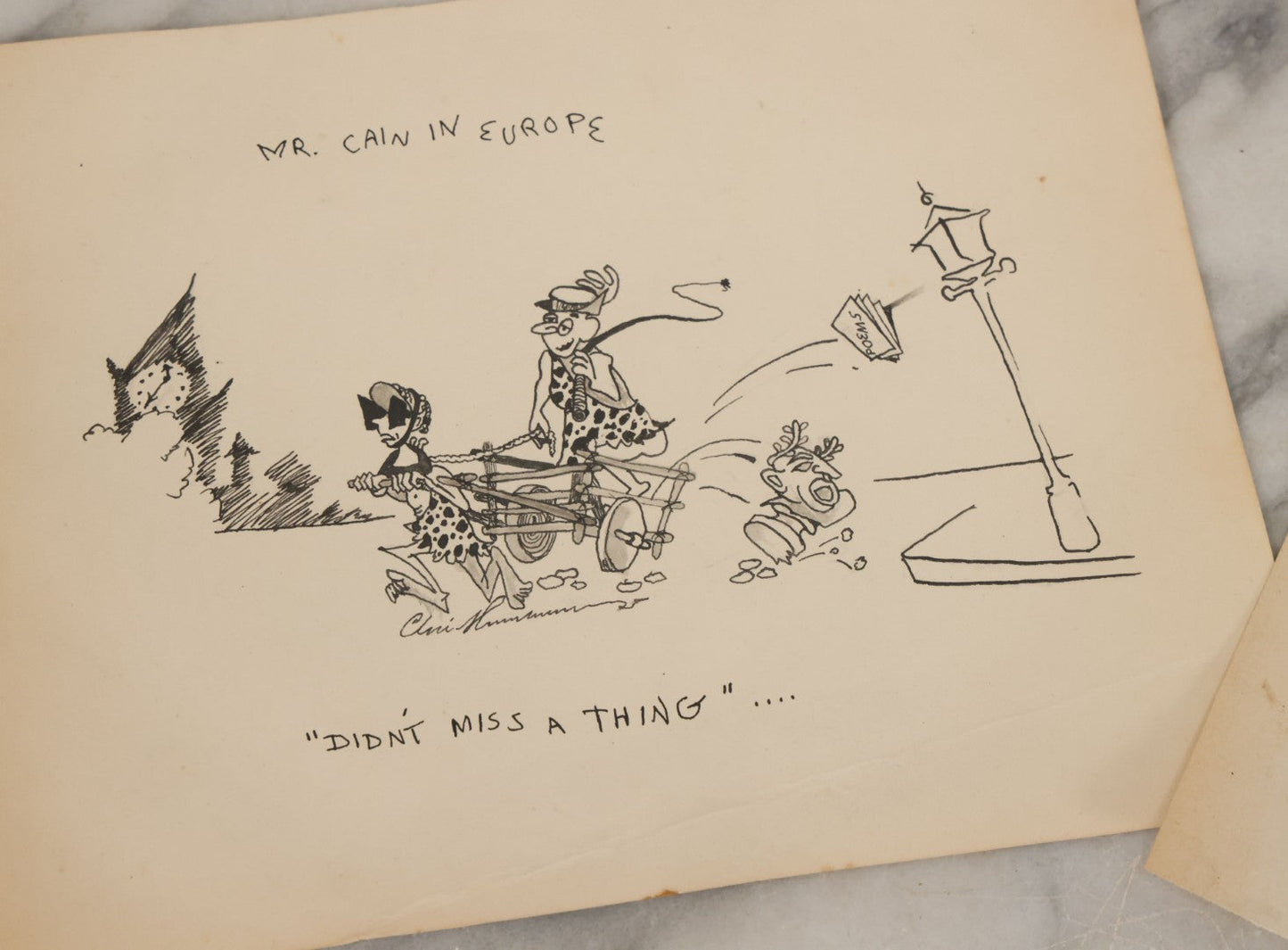 Lot 105 - Grouping Of Four Hand Drawn Illustrations On Paper Including Pen And Ink Of "Mr. Cain In Europe" And Pencil Drawings Of Knights And Sword Fights, Battle, Unsigned