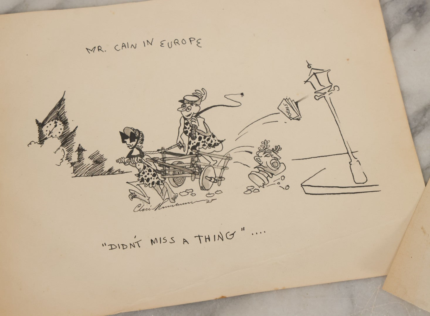 Lot 105 - Grouping Of Four Hand Drawn Illustrations On Paper Including Pen And Ink Of "Mr. Cain In Europe" And Pencil Drawings Of Knights And Sword Fights, Battle, Unsigned