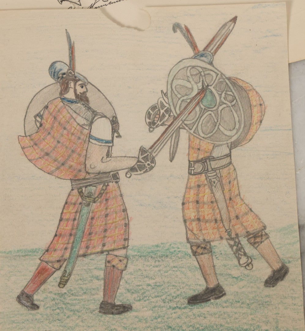 Lot 105 - Grouping Of Four Hand Drawn Illustrations On Paper Including Pen And Ink Of "Mr. Cain In Europe" And Pencil Drawings Of Knights And Sword Fights, Battle, Unsigned